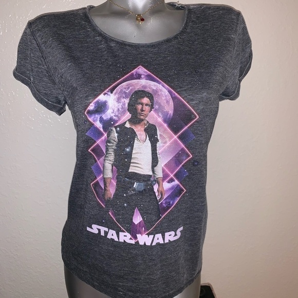 WOMEN’S LIGHTWEIGHT BURN OUT WASHED OUT GRAY HAN SOLO STAR WARS TSHIRT MED NWT - Picture 4 of 6